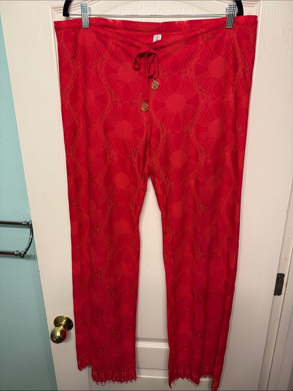 Luli Fama Red Lace-Trim Beach Pants Coverup